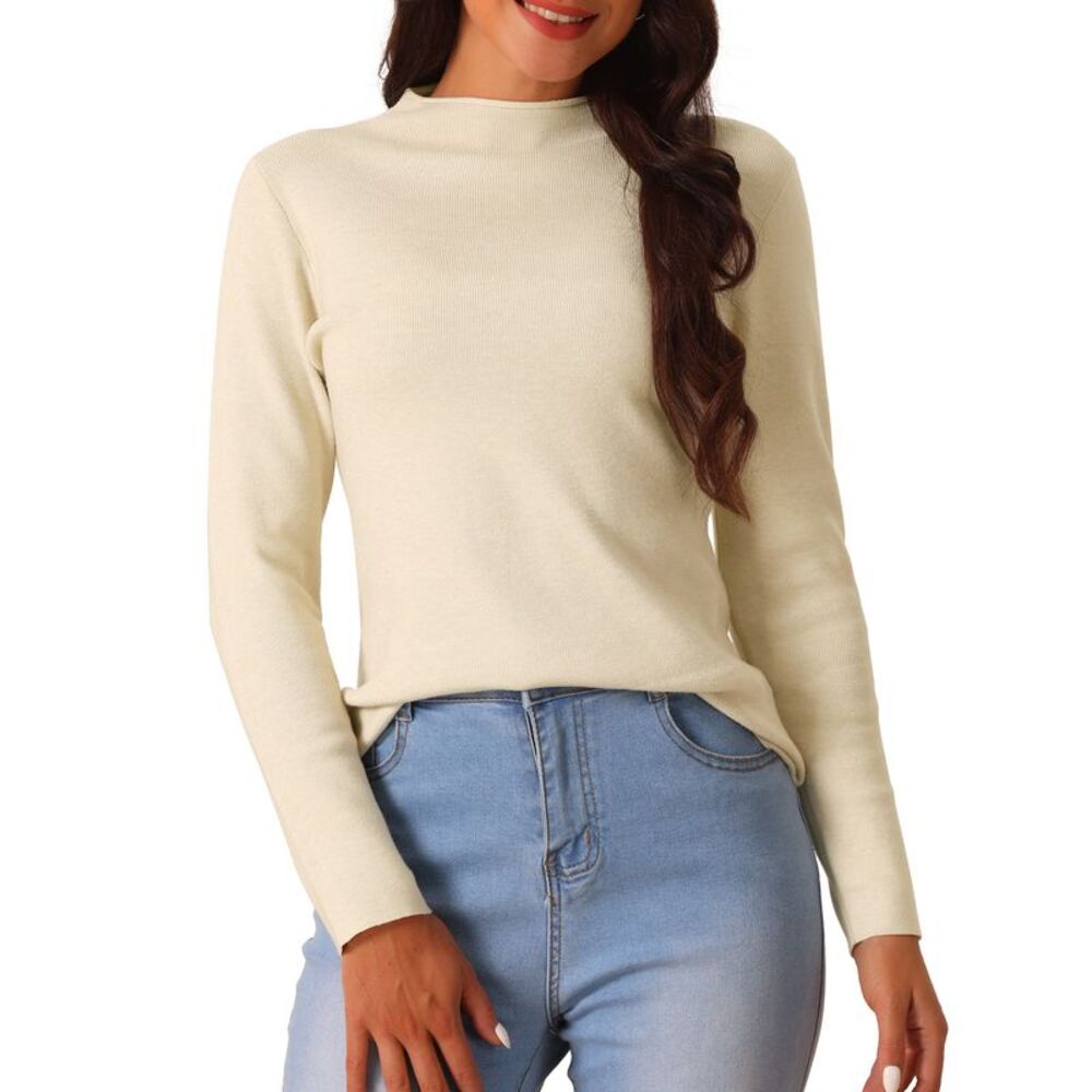 Fall Winter Long Sleeve Ribbed Knit Slim Fit Pullover Sweater Top Beige